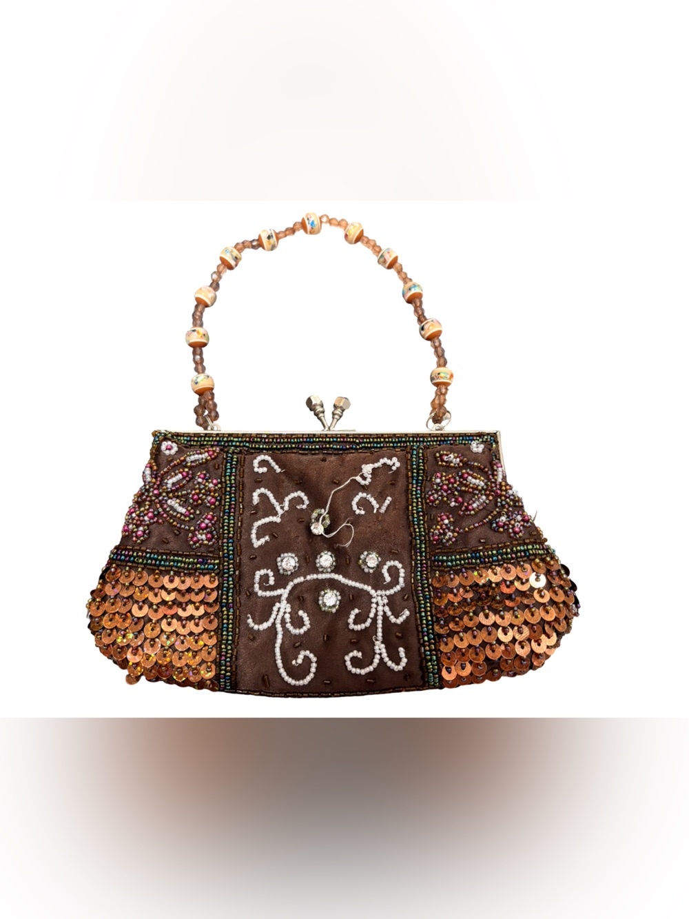 Vintage Beaded Sequin Evening Bag Brown Copper Wristlet Purse Boho Y2K